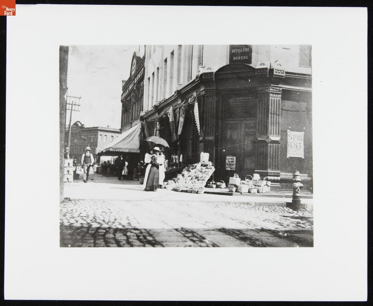 Produce Stand near Cadillac Meat Market at Cadillac Square, Detroit, Michigan, circa 1895