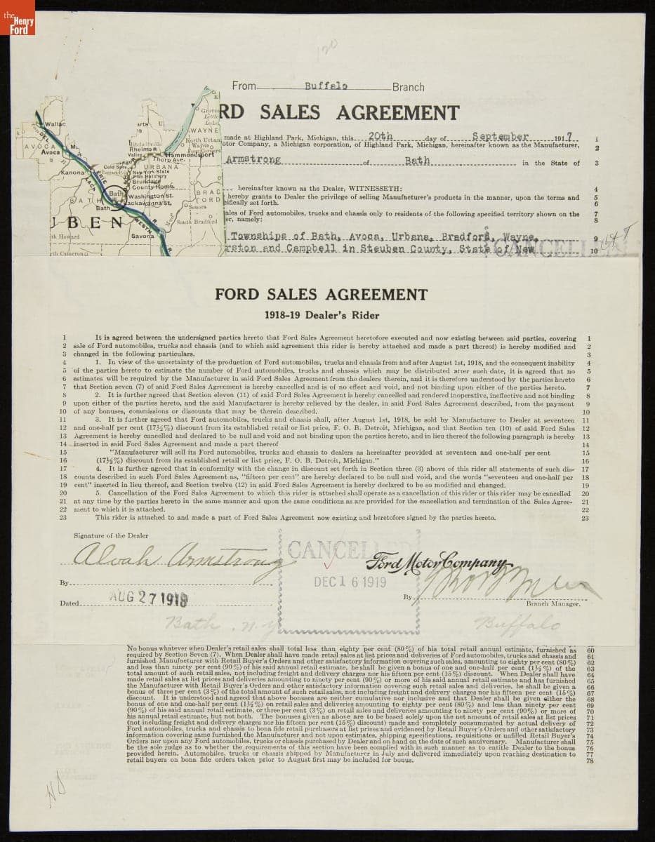 Cancelled Ford Sales Agreement for Alvah Armstrong, Bath, New York, December 16, 1919