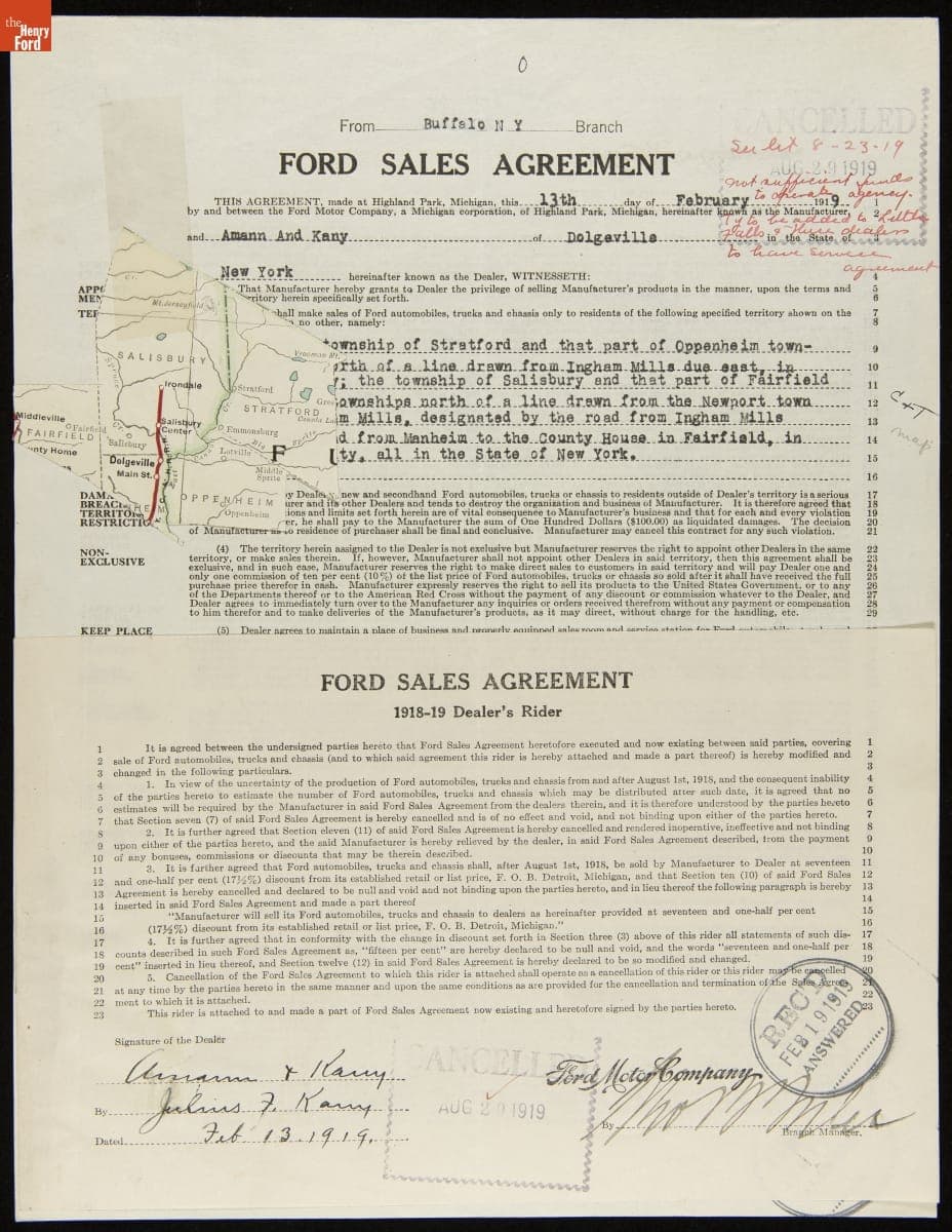 Cancelled Ford Sales Agreement for Amann and Kany, Dolgeville, New York, August 29, 1919