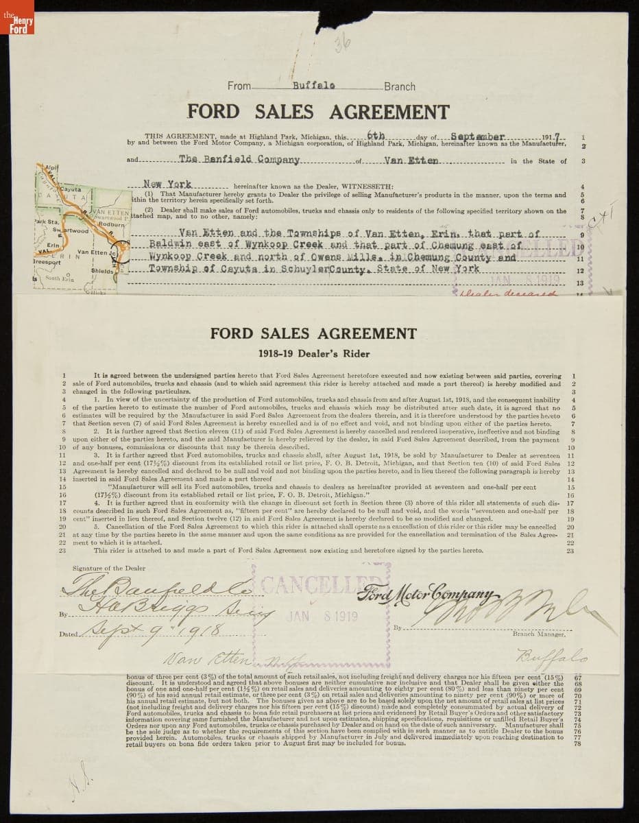 Cancelled Ford Sales Agreement for The Banfield Company, Van Etten, New York, January 8, 1919