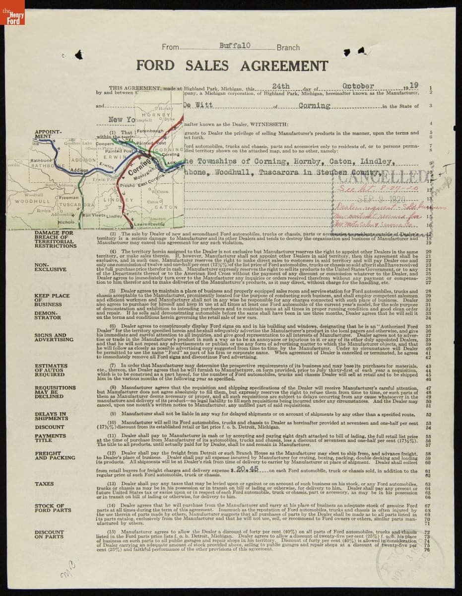 Cancelled Ford Sales Agreement for Clinton C. DeWitt, Corning, New York, September 9, 1920