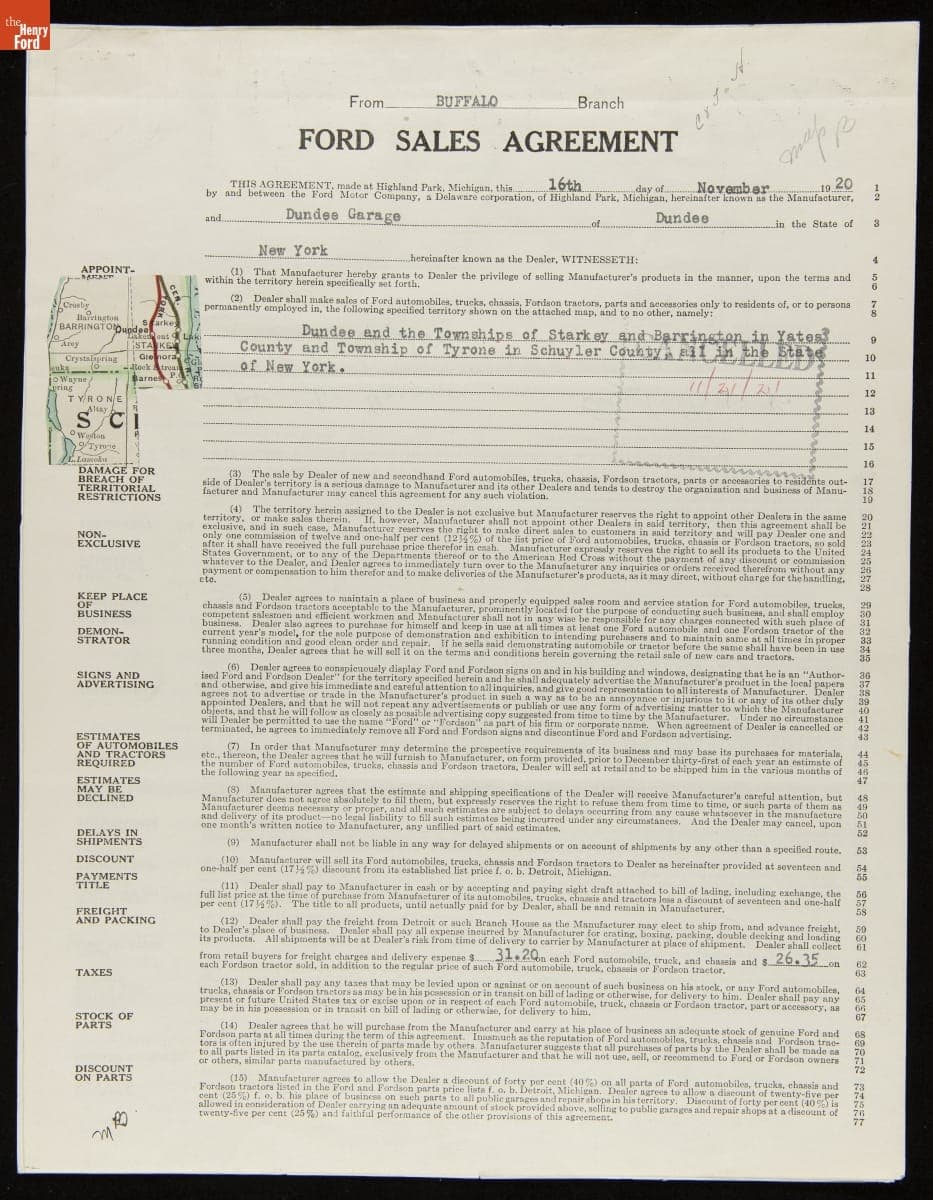 Cancelled Ford Sales Agreement for Dundee Garage, Dundee, New York, November 21, 1921