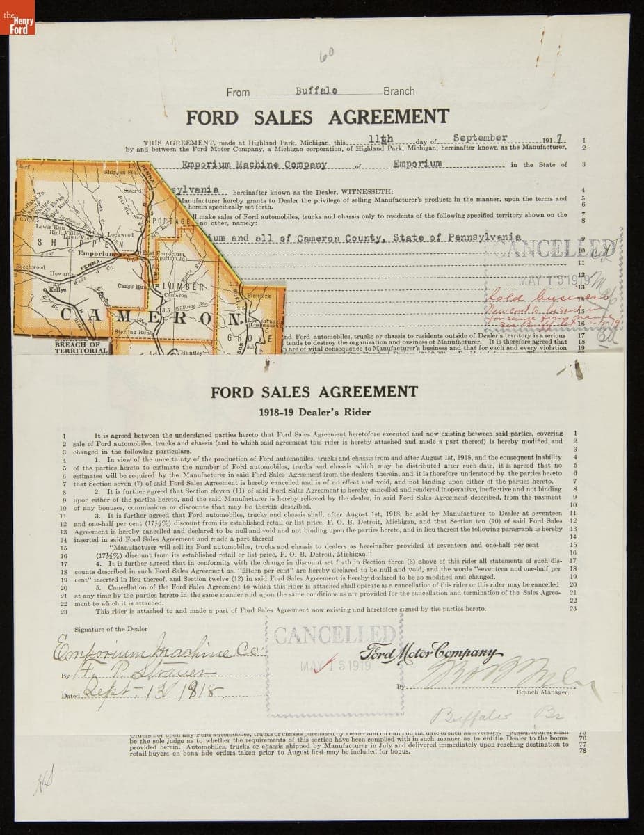 Cancelled Ford Sales Agreement for Emporium Machine Company, Emporium, Pennsylvania, May 15, 1919