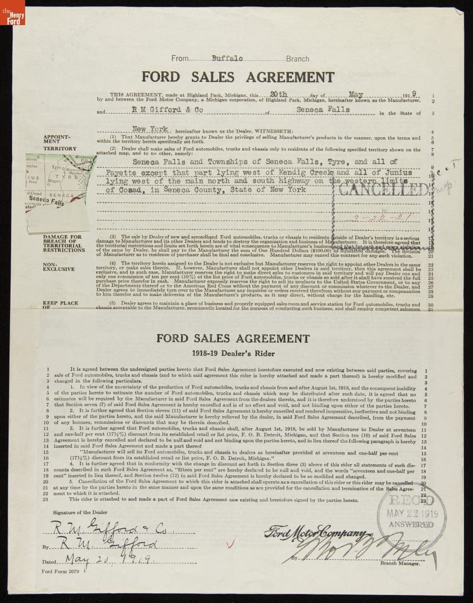 Cancelled Ford Sales Agreement for R.M. Gifford and Company, Seneca Falls, New York, March 22, 1921