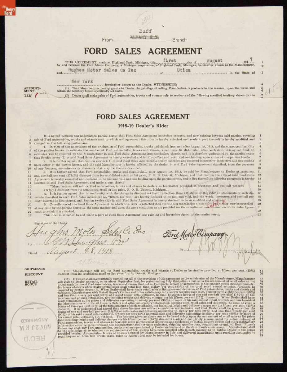 Cancelled Ford Sales Agreement for Hughes Motor Sales Company, Utica, New York, September 30, 1918