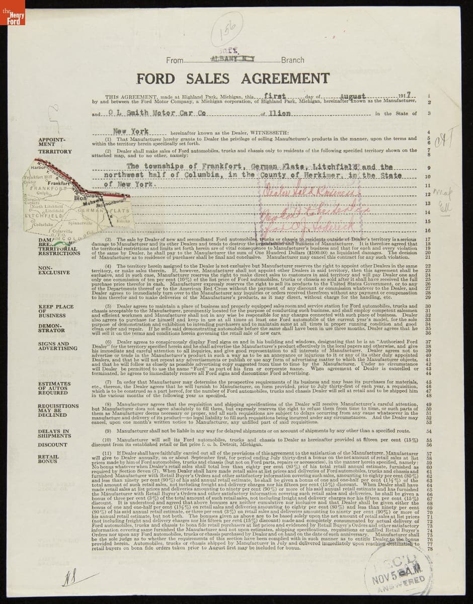 Cancelled Ford Sales Agreement for O.L. Smith Motor Car Co., Ilion, New York, August 1, 1917
