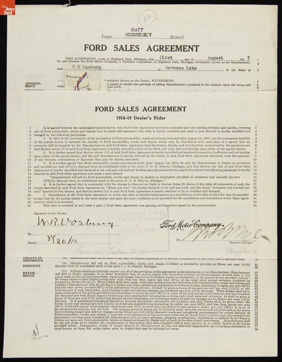 Cancelled Ford Sales Agreement for W.R. Vosburg, Saranac Lake, New York, December 6, 1919