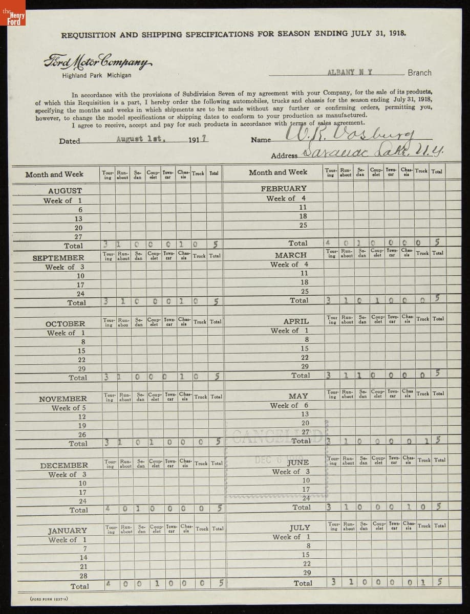 Cancelled Requisition Form for W.R. Vosburg, Saranac Lake, New York, December 6, 1919