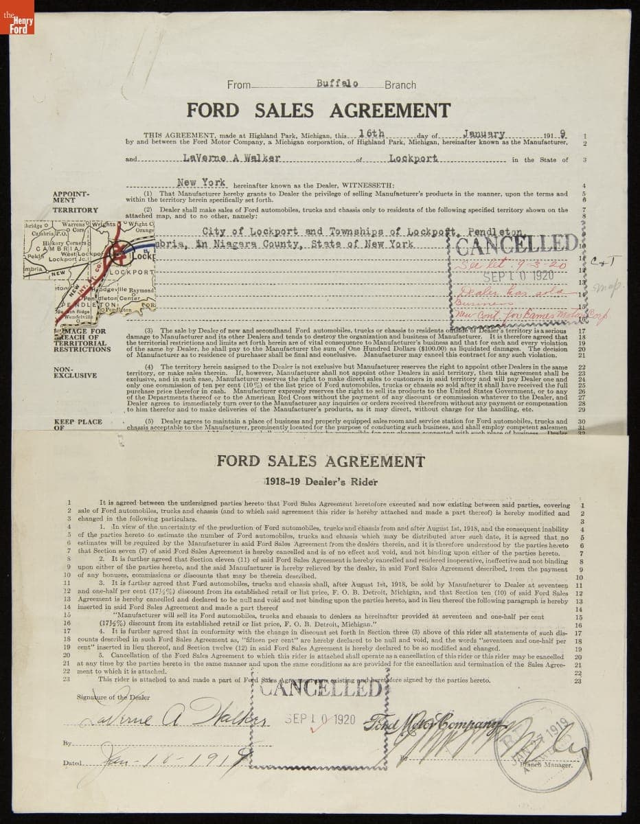 Cancelled Ford Sales Agreement for LaVerne A. Walker, Lockport, New York, September 10, 1920