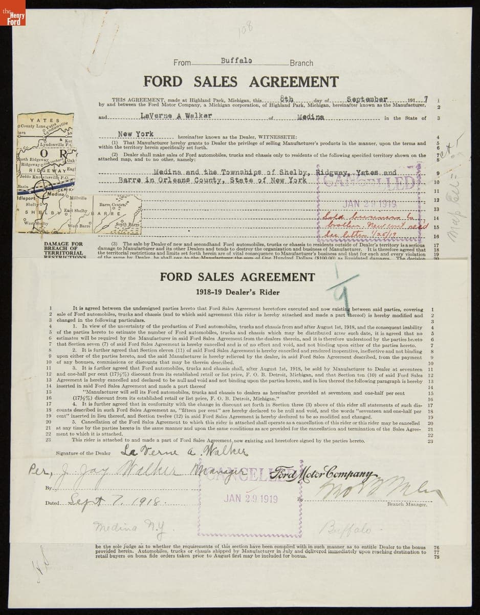 Cancelled Ford Sales Agreement for LaVerne A. Walker, Medina, New York, January 29, 1919