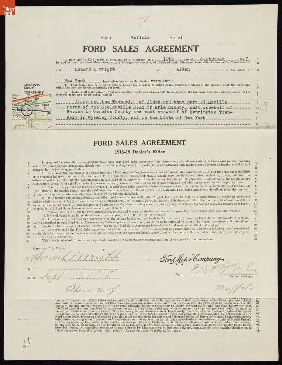 Cancelled Ford Sales Agreement for Howard L. Wright, Alden, New York, September 10, 1917