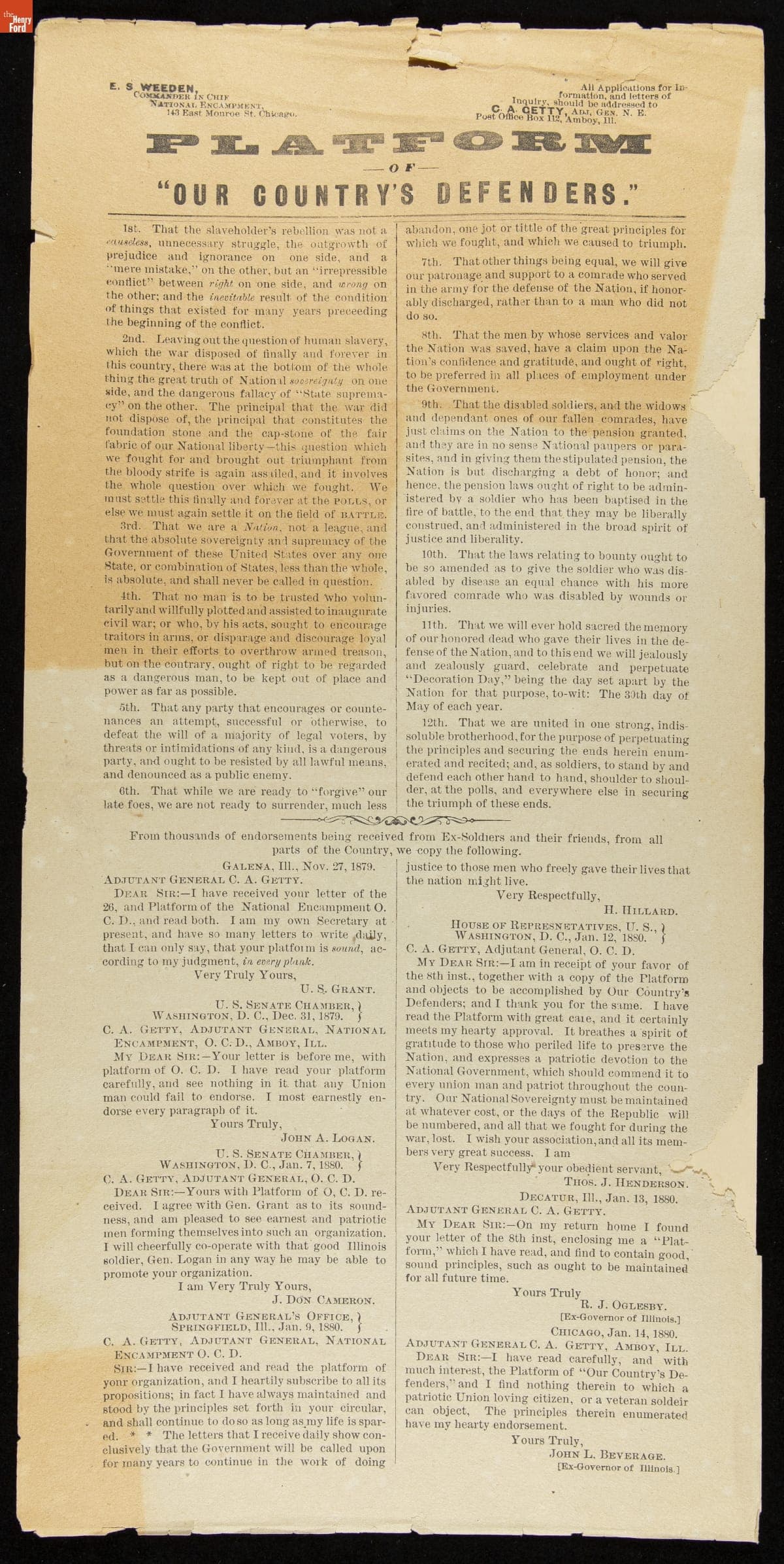 Platform of "Our Country's Defenders," 1880