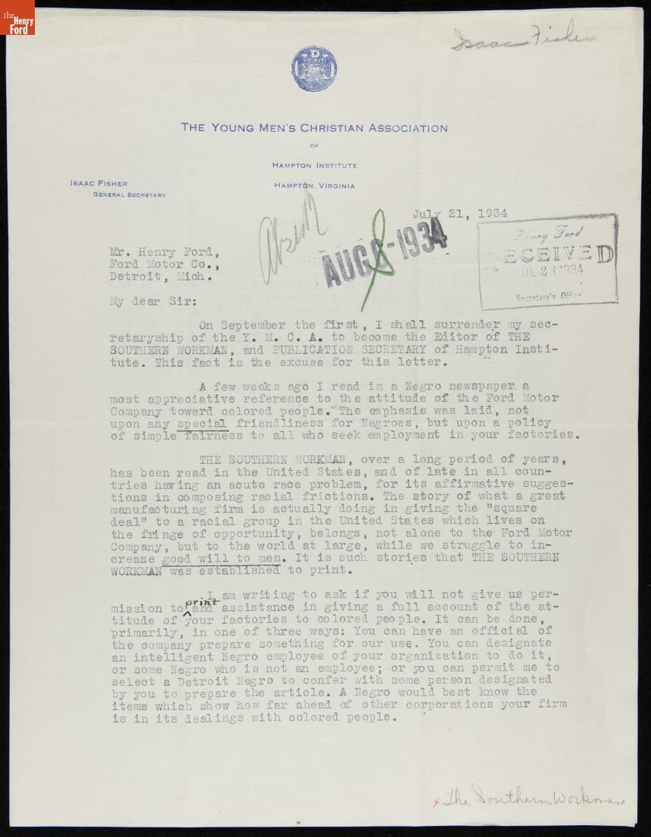 Letter from Isaac Fisher to Henry Ford, July 21, 1934