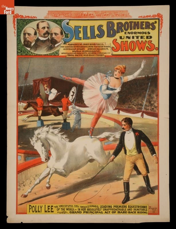 Circus Poster, Sells Brothers, "Polly Lee, Grand Principal Act of Bare-Back Riding," circa 1890