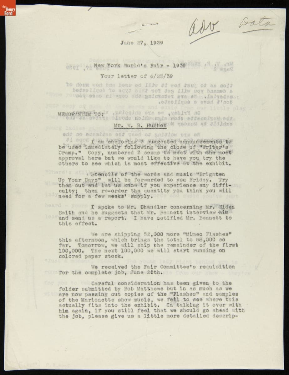 Memorandum regarding the A.B. Dick Company Mimeograph Exhibit at the 1939 New York World's Fair, June 27, 1939