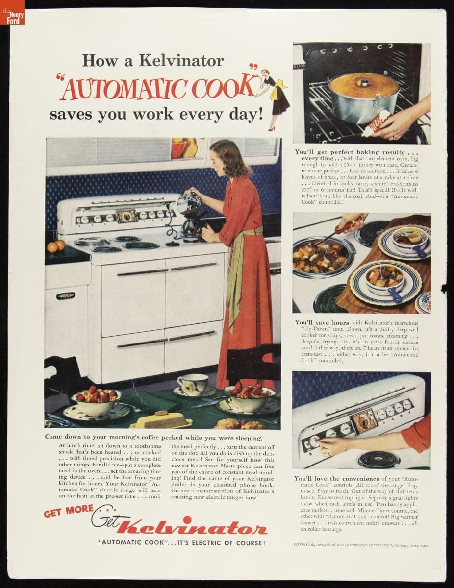 Nash-Kelvinator Corporation Advertisement, "How a Kelvinator 'Automatic Cook' Saves You Work Ever Day!," 1949