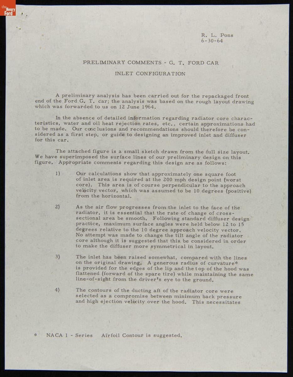 Report, "Preliminary Comments - GT Ford Car Inlet Configuration," June 30, 1964