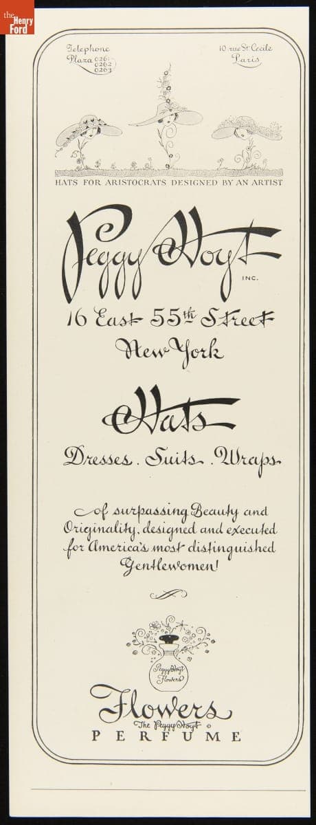 Advertisement, "Peggy Hoyt Hats, Dresses, Suits, Wraps," 1923