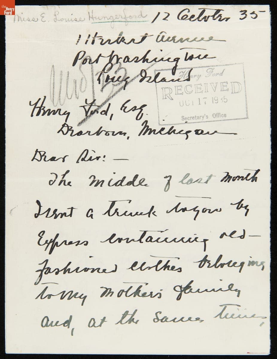 Letter from E. Louise Hungerford to Henry Ford regarding Her Offer to Sell a Trunk with Old Fashioned Clothes, October 12, 1935