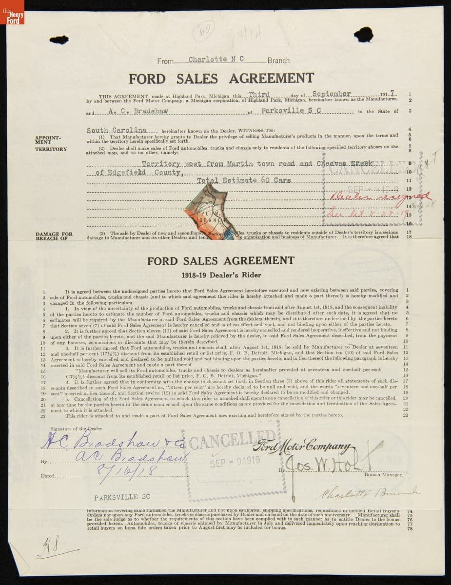 Cancelled Ford Sales Agreement for A.C. Bradshaw, Parksville, South Carolina, September 9, 1919