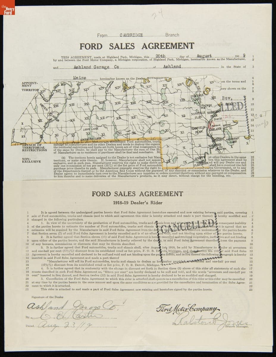 Cancelled Ford Sales Agreement for Ashland Garage Co., Ashland, Maine, 1921