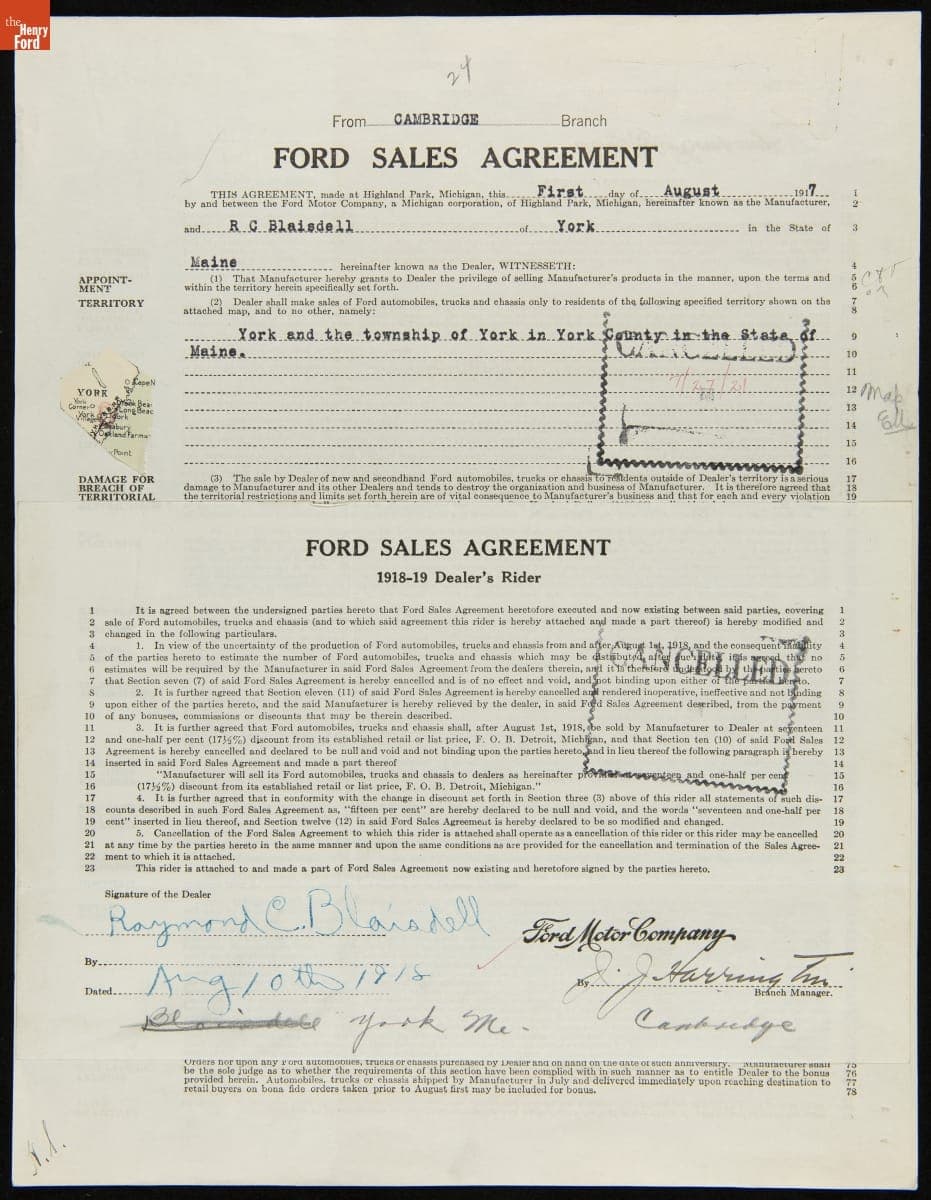 Cancelled Ford Sales Agreement for R.C. Blaisdell, York, Maine, July 27, 1921