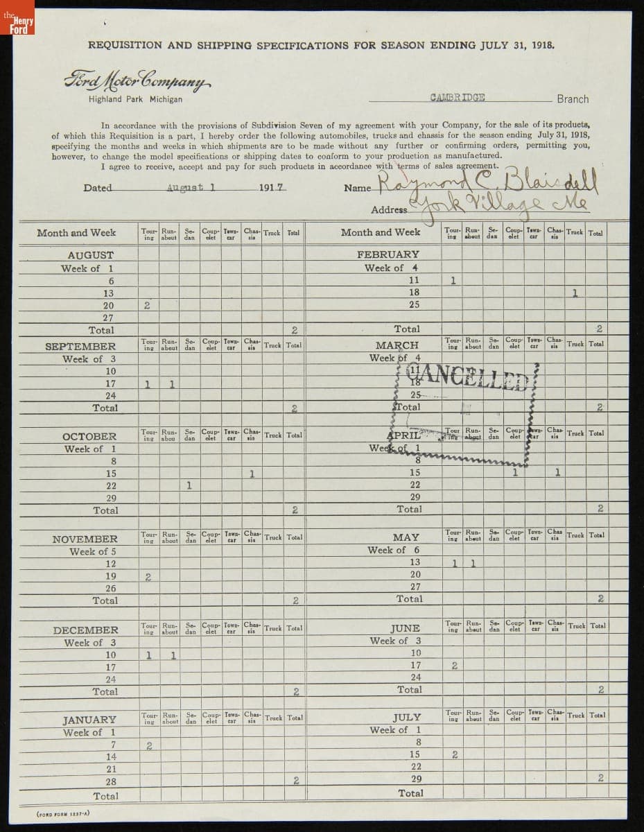 Cancelled Requisition Form for R.C. Blaisdell, York, Maine, July 1921