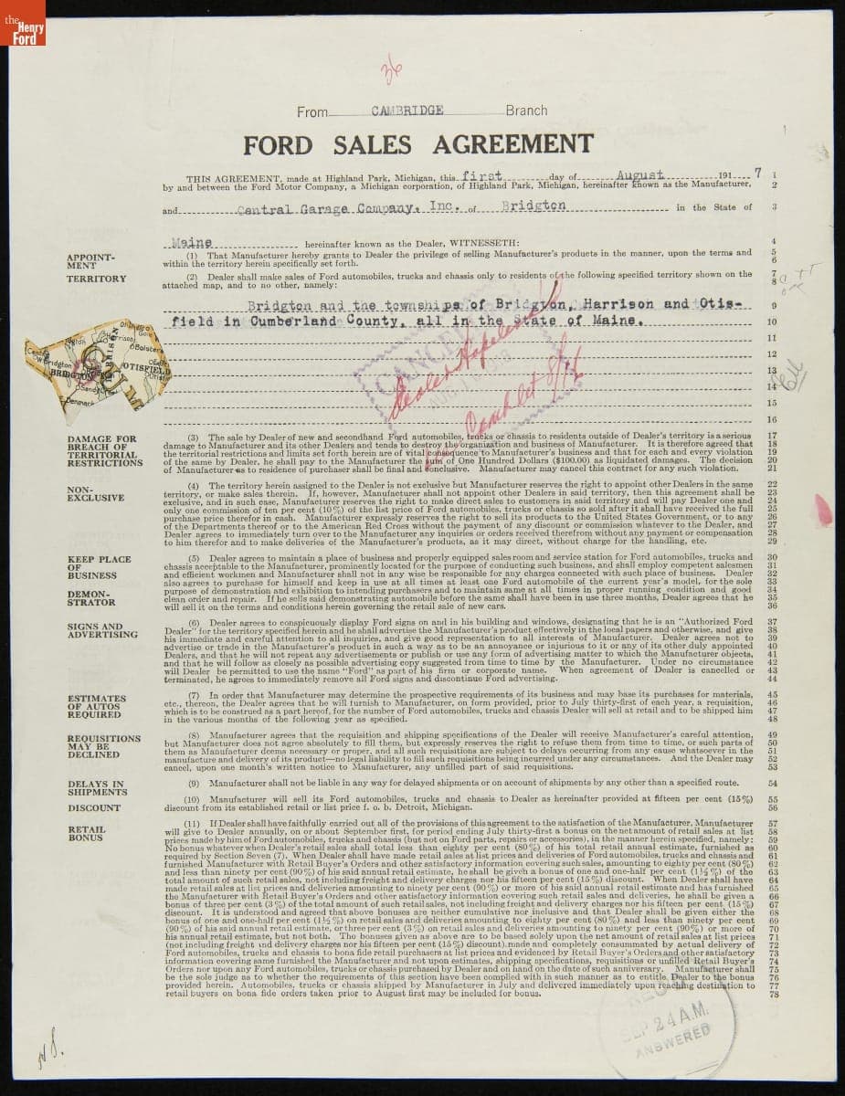 Cancelled Ford Sales Agreement for Central Garage Company, Inc., Bridgton, Maine, August 16, 1918