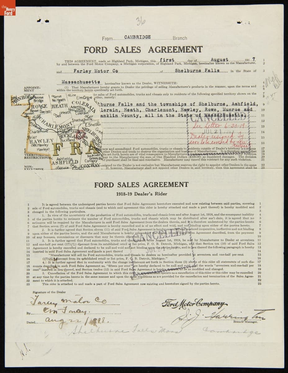 Cancelled Ford Sales Agreement for Farley Motor Co., Shelburne Falls, Massachusetts, July 21, 1919