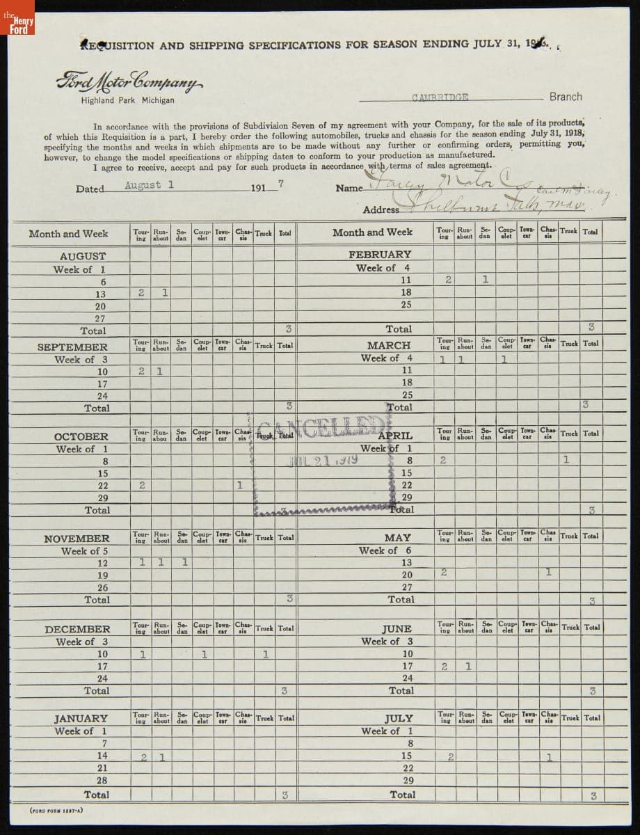 Cancelled Requisition Form for Farley Motor Co., Shelburne Falls, Massachusetts, July 21, 1919