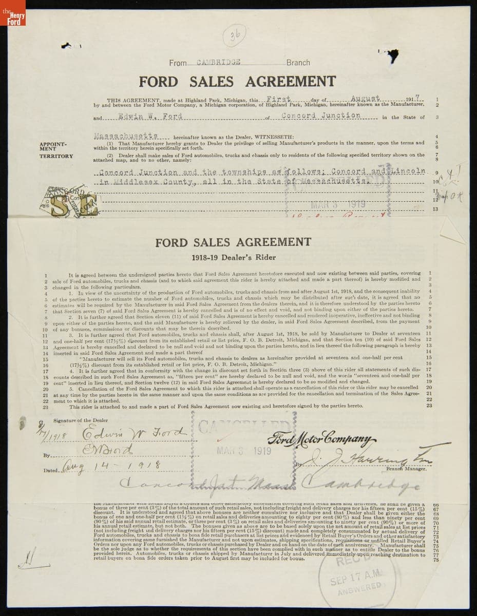 Cancelled Ford Sales Agreement for Edwin W. Ford, Concord Junction, Massachusetts, March 3, 1919