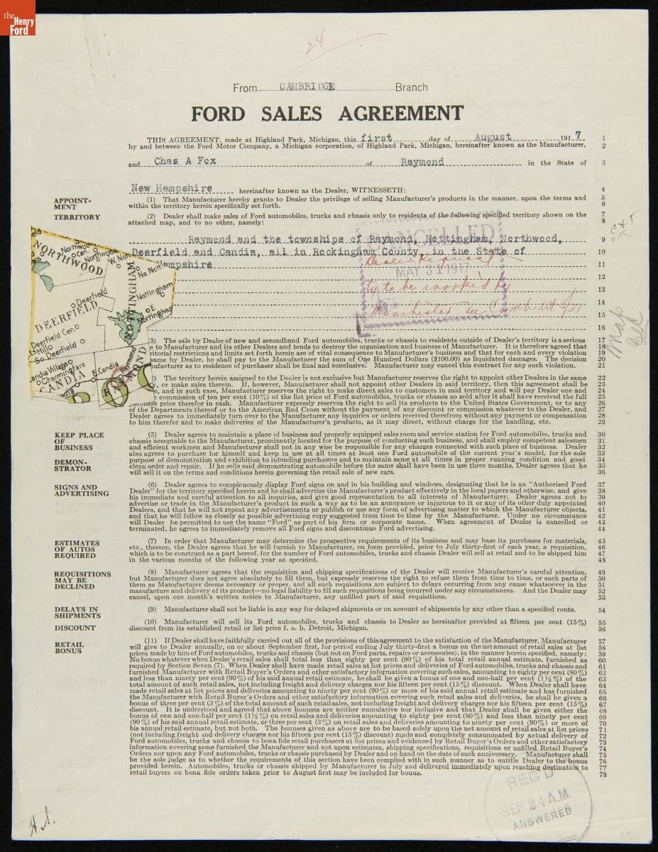 Cancelled Ford Sales Agreement for Chas A. Fox, Raymond, New Hampshire, August 1, 1917