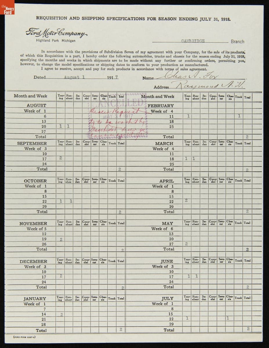 Cancelled Requisition Form for Chas A. Fox, Raymond, New Hampshire, August 1, 1917