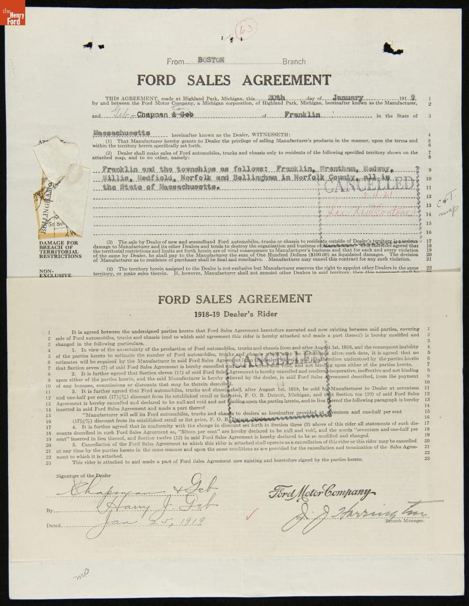 Cancelled Ford Sales Agreement for Chapman & Gob, Franklin, Massachusetts, February 2, 1921