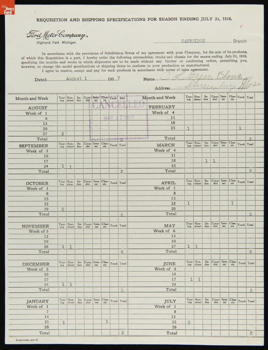 Cancelled Requisition Form for C.L. Green & Sons, Shrewsbury, Massachusetts, August 1, 1917