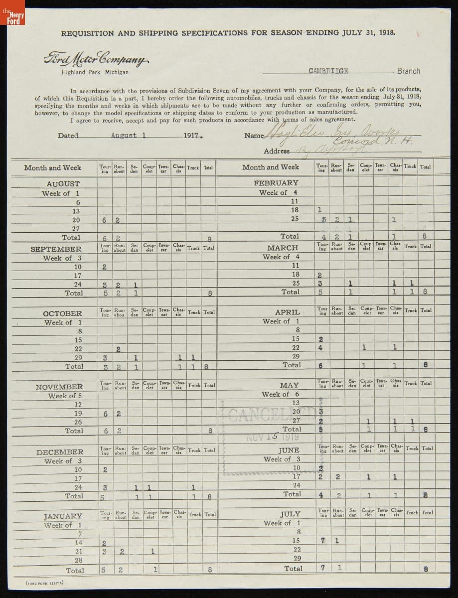 Cancelled Requisition Form for Hoyt Elec Inst Works, Concord, New Hampshire, November 15, 1919