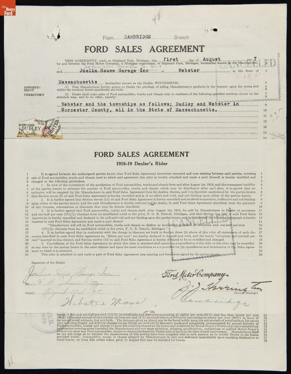Cancelled Ford Sales Agreement for Johnson Motor Co. Inc., Webster, Massachusetts, January 25, 1921