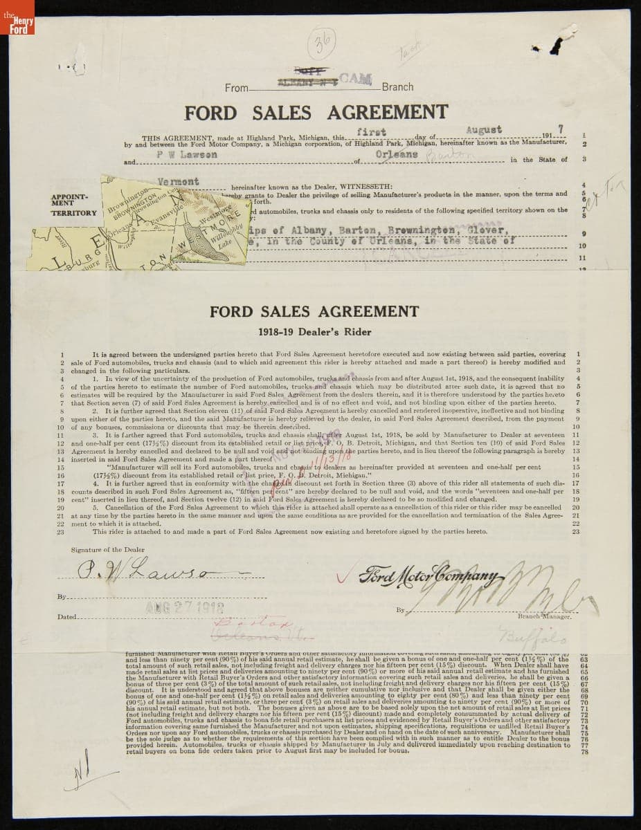 Cancelled Ford Sales Agreement for P.W. Lawson, Orleans, Vermont, November 20, 1918