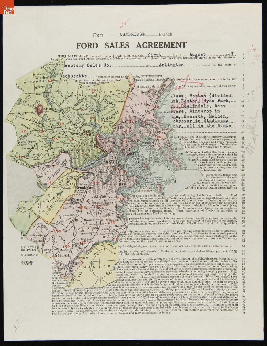 Cancelled Ford Sales Agreement for Menotomy Sales Co., Arlington, Massachusetts, August 1918