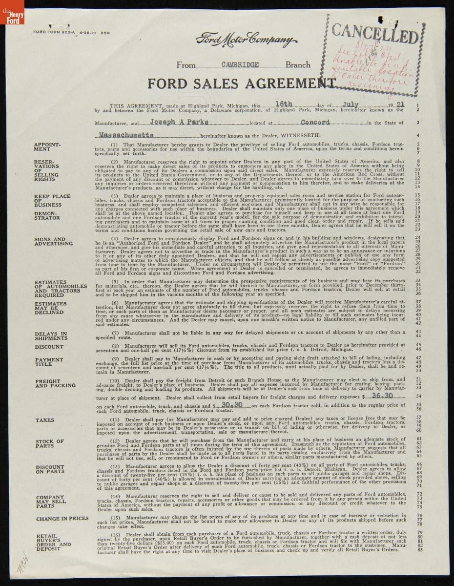 Cancelled Ford Sales Agreement for Joseph A. Parks, Concord, Massachusetts, August 27, 1921