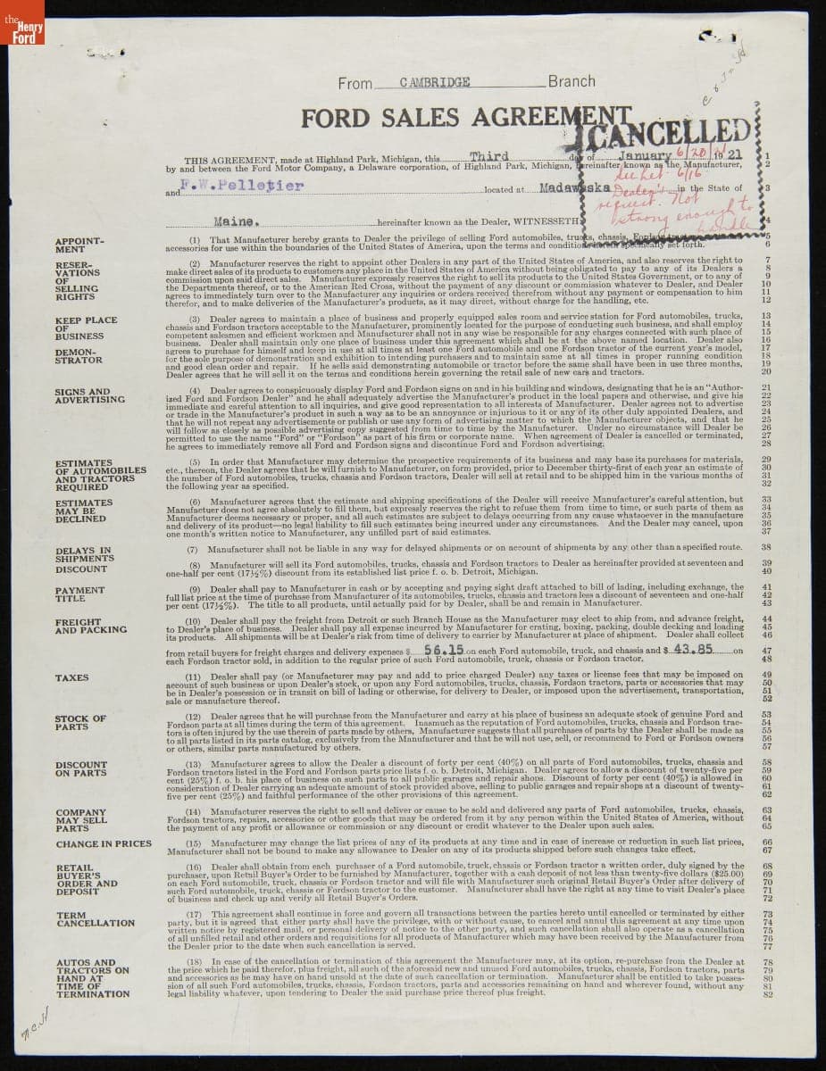Cancelled Ford Sales Agreement for F.W. Pelletier, Madawaska, Maine, June 20, 1921