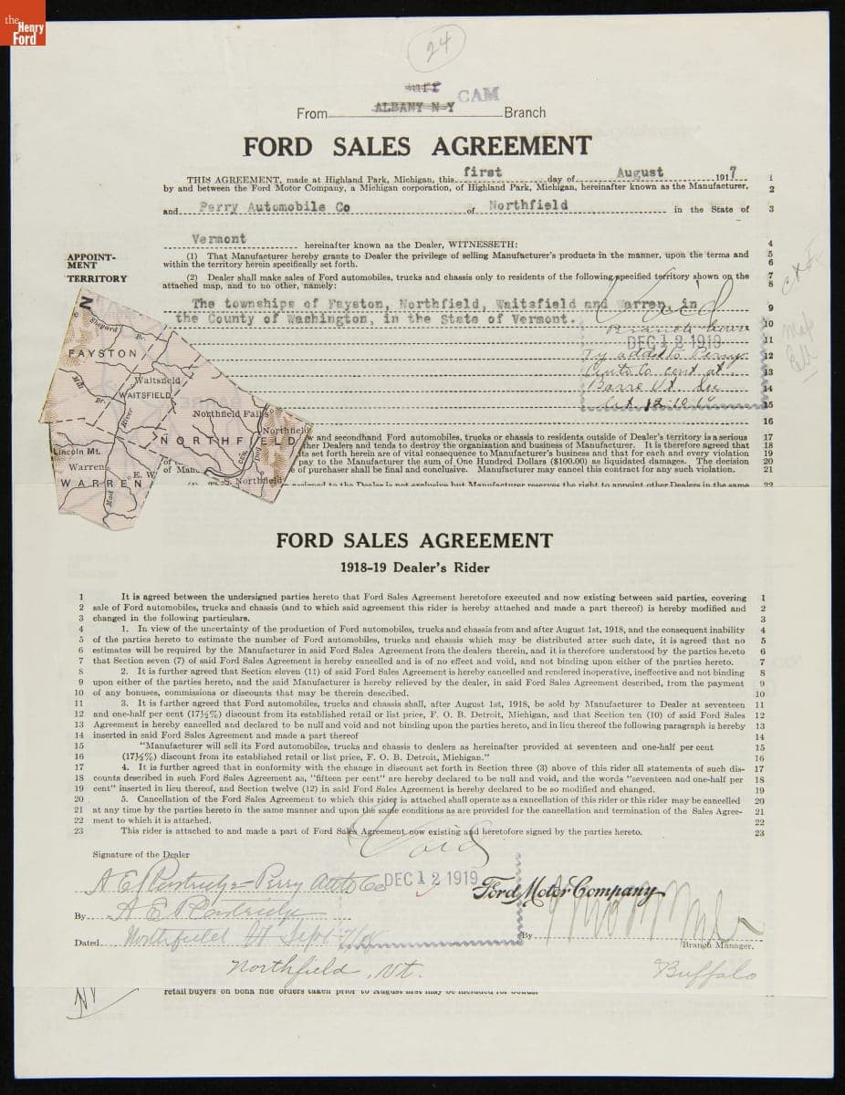 Cancelled Ford Sales Agreement for Perry Automobile Co., Northfield, Vermont, December 12, 1919