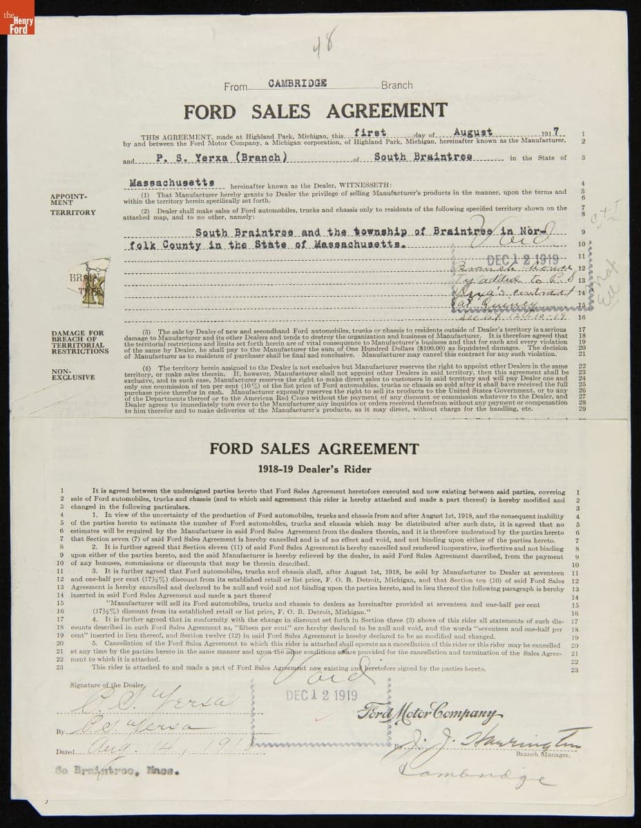 Cancelled Ford Sales Agreement for P.S. Yerxa (Branch), South Braintree, Massachusetts, December 12, 1919