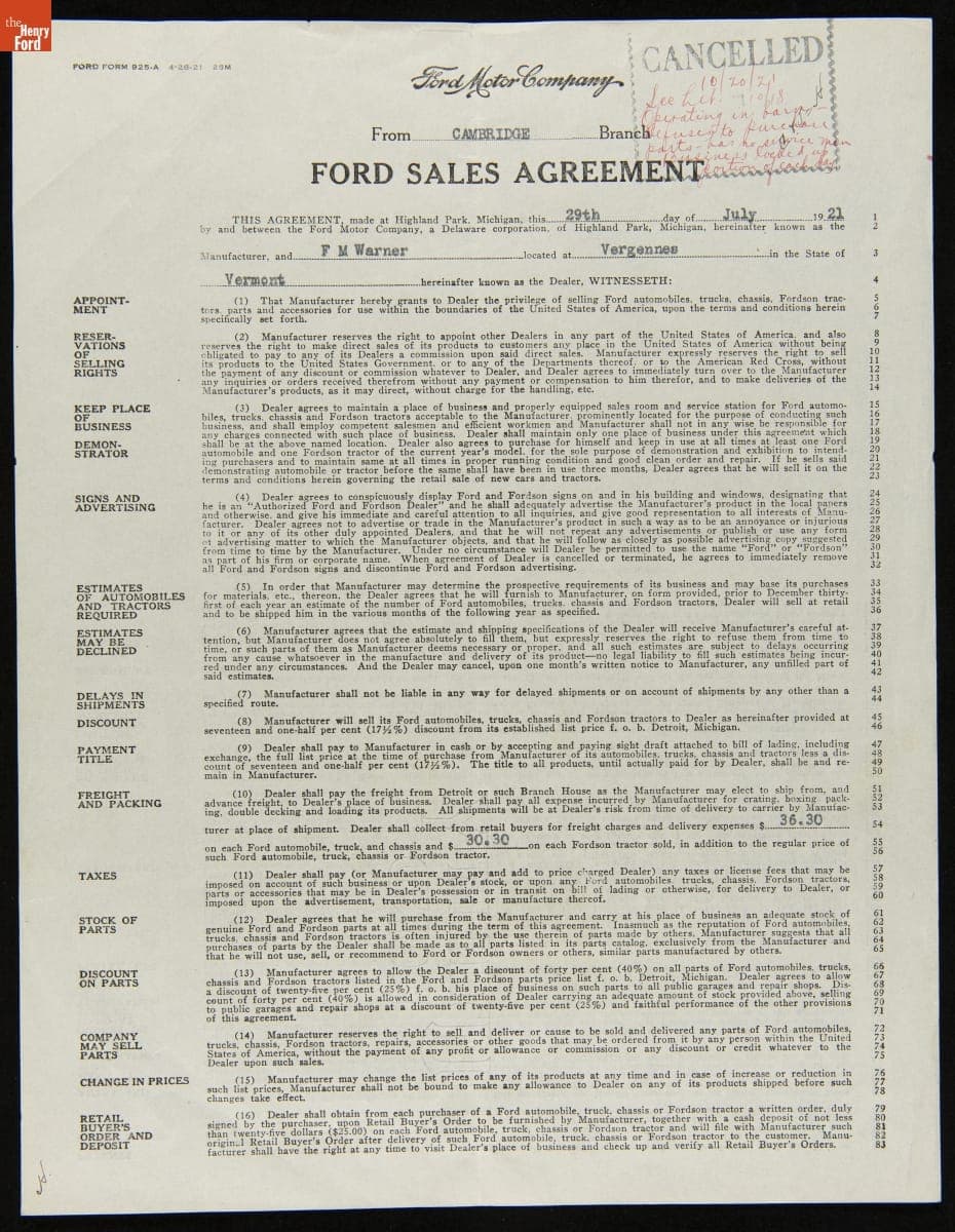 Cancelled Ford Sales Agreement for F.M. Warner, Vergennes, Vermont, October 20, 1921