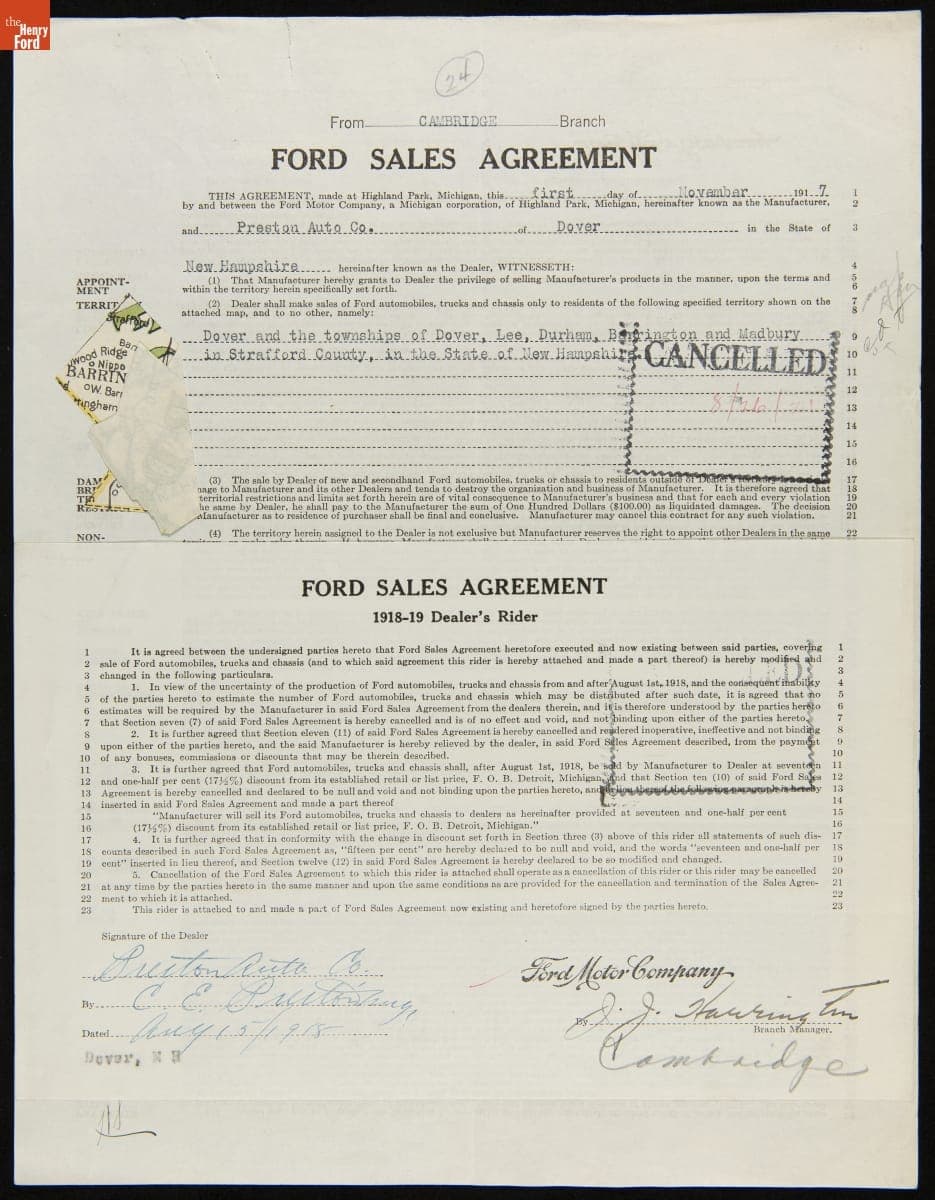 Cancelled Ford Sales Agreement for Preston Auto Co., Dover, New Hampshire, August 26, 1921