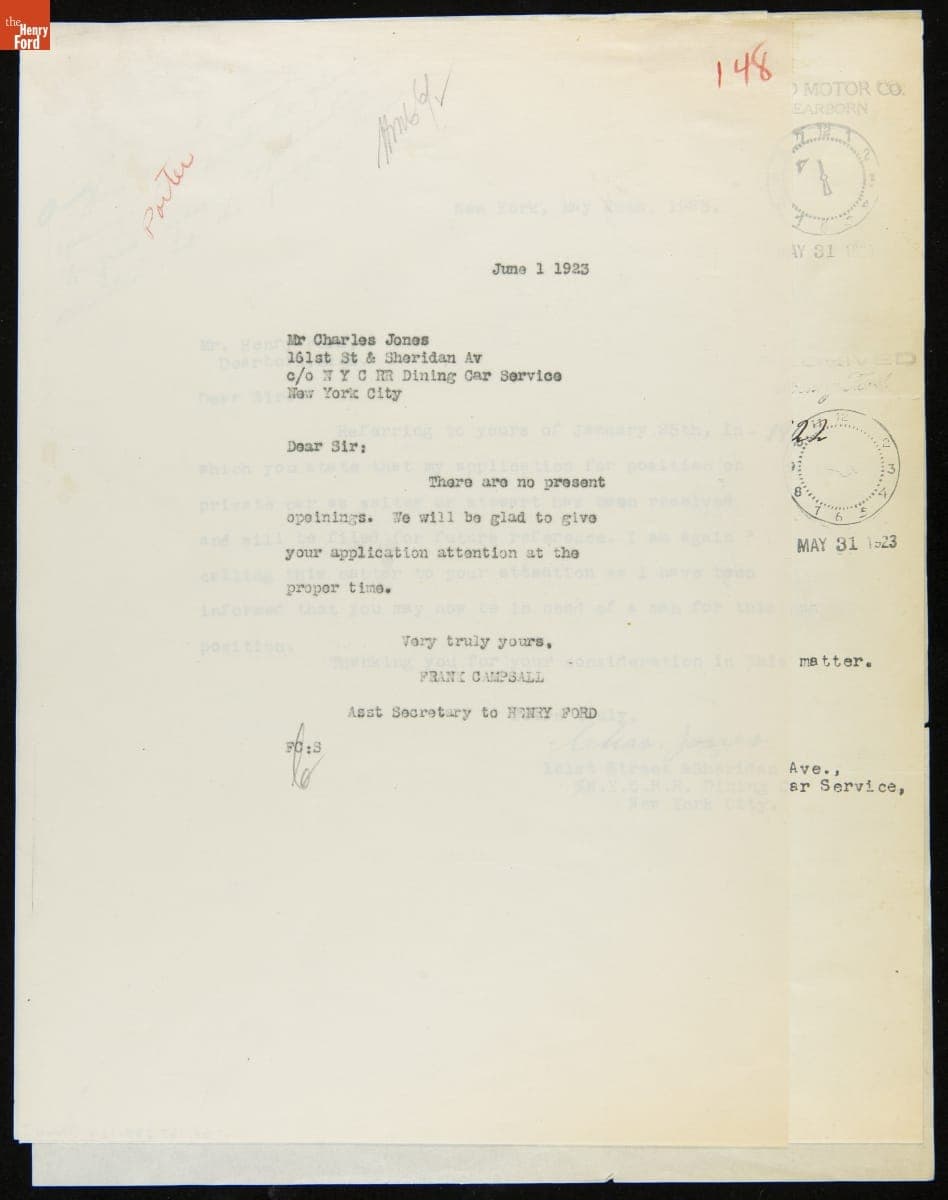 Application Letters from Charles Jones for Work as Steward or Porter on the Fair Lane, Henry Ford's Private Rail Car, 1922-1923