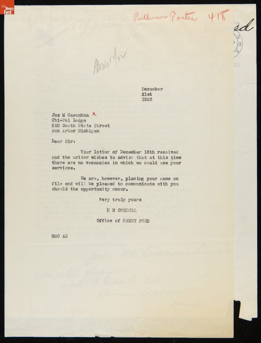 Application Letter from Jose M. Casonhua for Employment on the Fair Lane, Henry Ford's Private Rail Car, December 1923