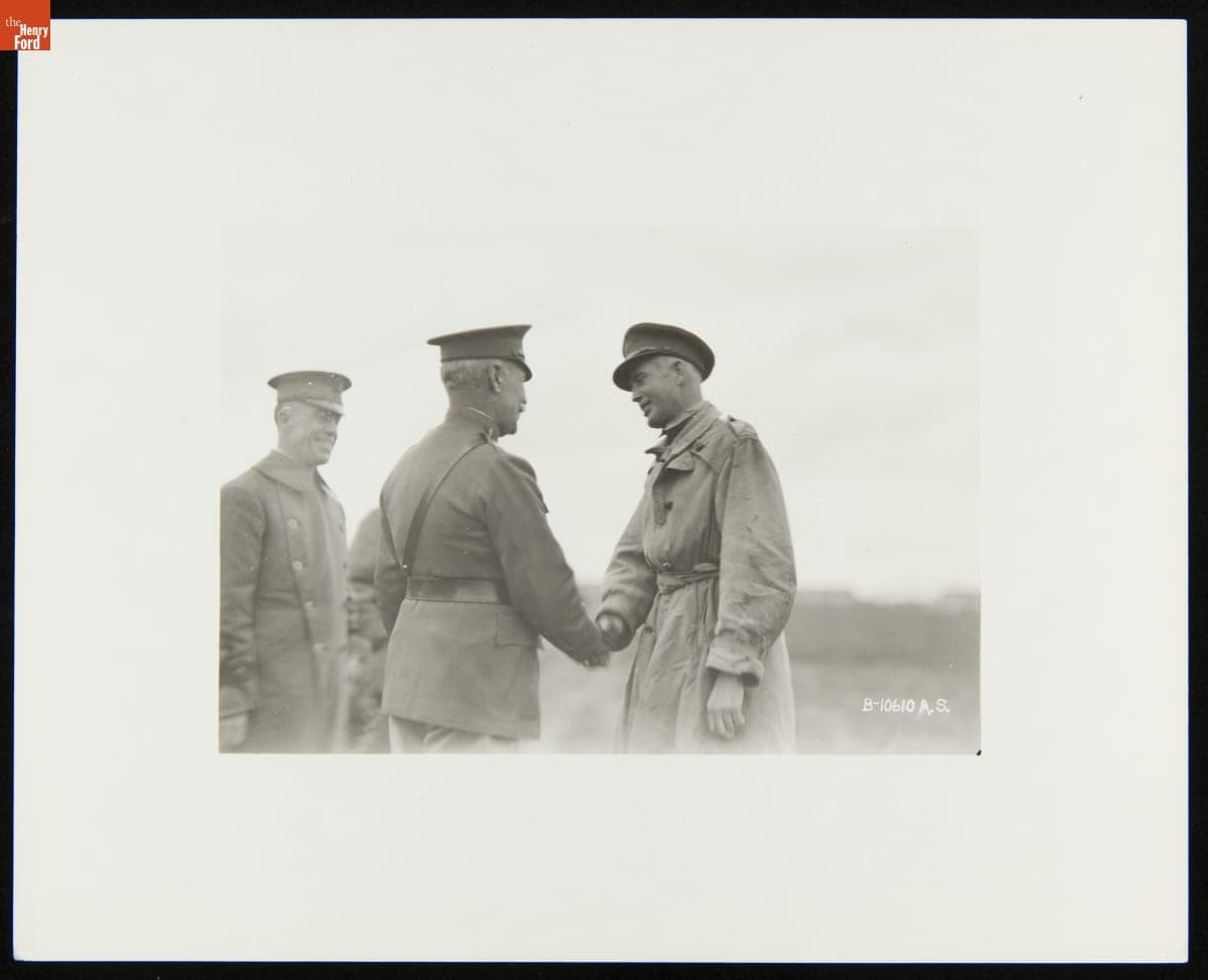 General Mason Patrick Congratulates Lieutenant Erik Nelson, Winner of the Detroit News Air Mail Trophy Race, October 1922