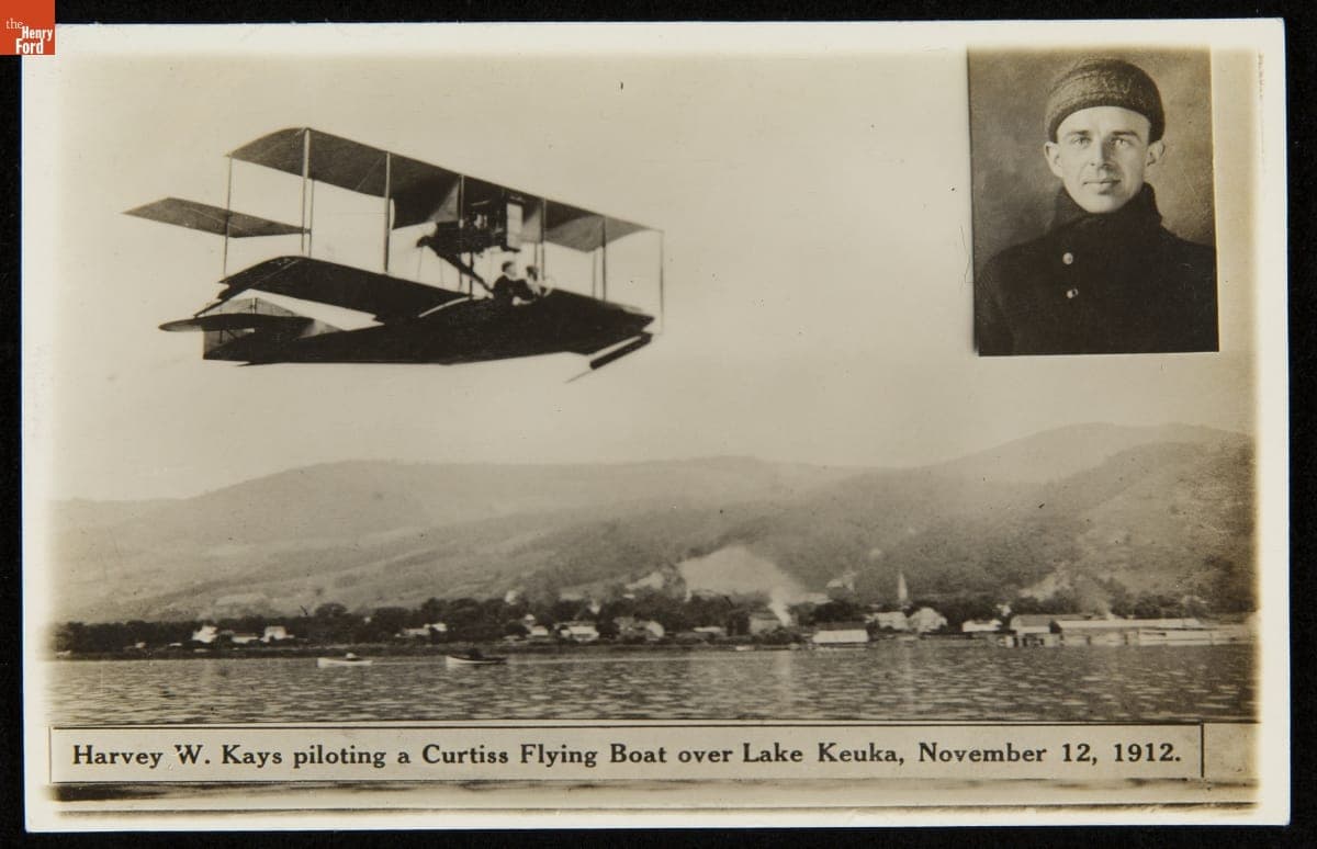 "Harvey W. Kays Piloting a Curtiss Flying Boat over Lake Keuka, November 12, 1912"