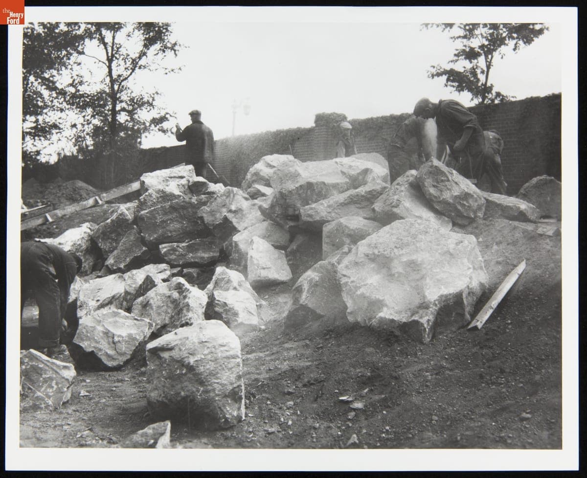Ackley Covered Bridge Foundation Stones during Construction in Greenfield Village, 1938